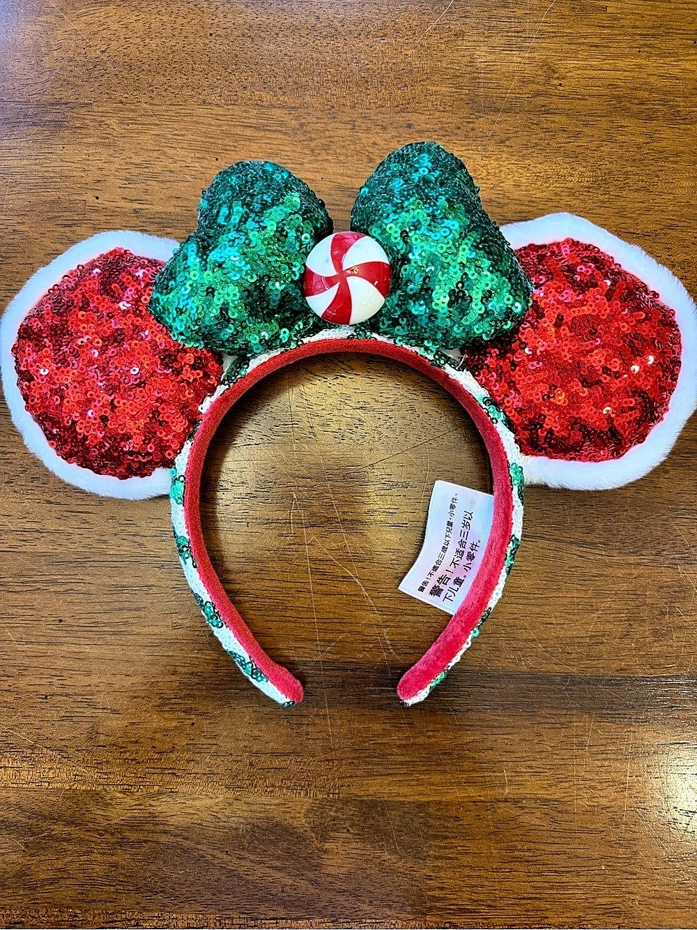Disney Sequin Minnie Ears Christmas Headband in Red & Green Like New